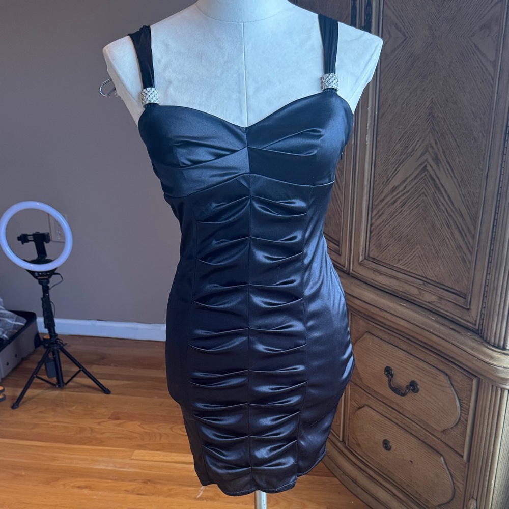 Pompous Girly black slinky dress with silver jewels on sleeve straps